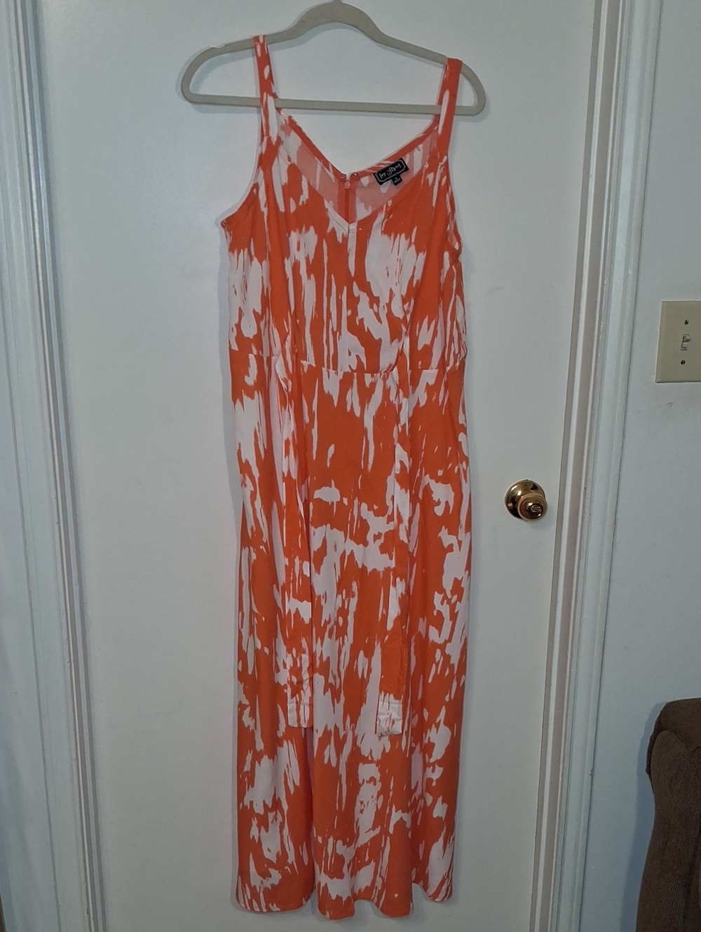 Orange & White Printed Maxi Dress with V-Neck